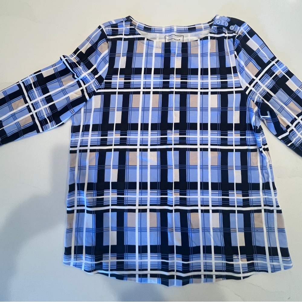 Charter Club Blue, Black and Tan Plaid Long Sleeve Tee